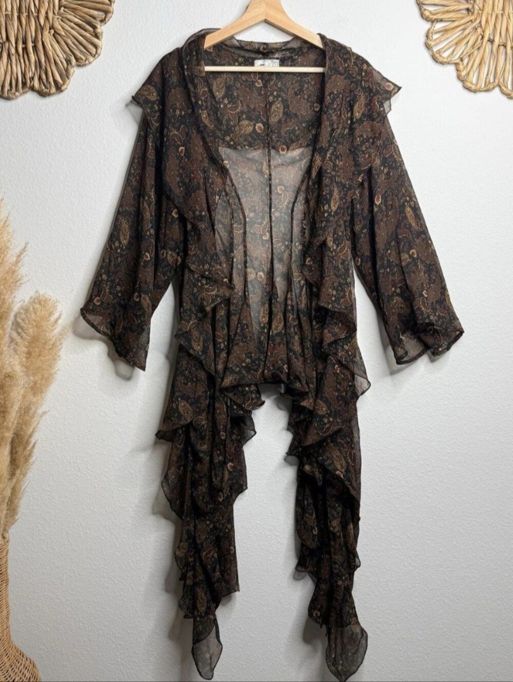Free People Sheer Paisley Ruffle Open-Front Women's Sweater - Brown